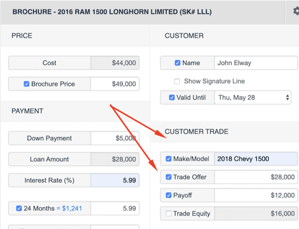 Now that some customers do not want to come to the dealership to desk a deal, we added virtual deal tools to assist in remote negotiation. We added trade-in details to the existing Customer View Brochures